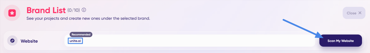 Inserting unite.ai as my website when creating a brand with AdCreative.ai.