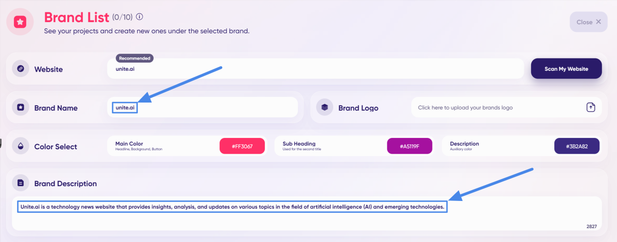 Brand Name and Brand Description automatically being filled in after scanning my website when creating a brand with AdCreative.