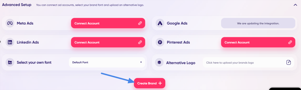 Connecting ad accounts, brand font, and adding an alternative logo in the advanced setup when creating a brand with AdCreative.