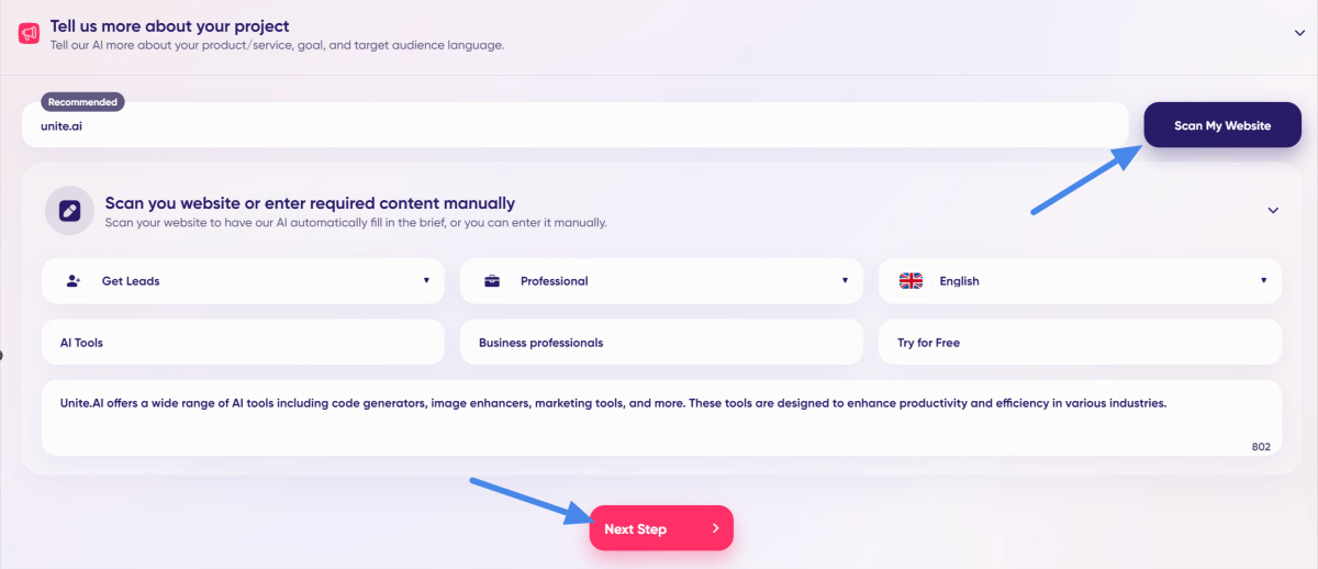 Filling out the content brief using AdCreative.ai.