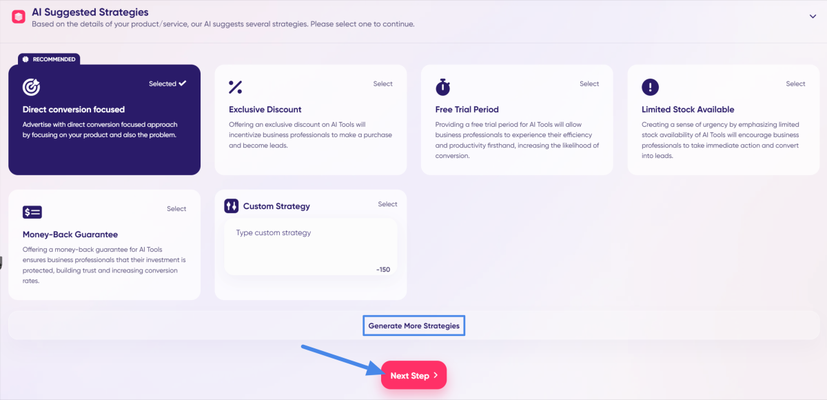 Selecting one of the AI Suggested Strategies using AdCreative.