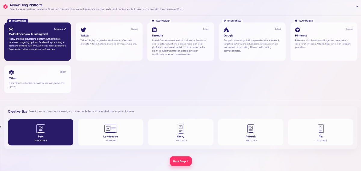 Selecting the Advertising Platform and Creative Size with AdCreative.ai.