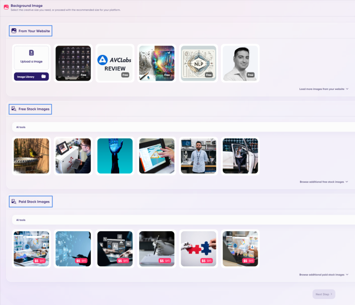 Choosing between an image from my website or a free or paid stock image AdCreative.ai suggests for the background of my ads.