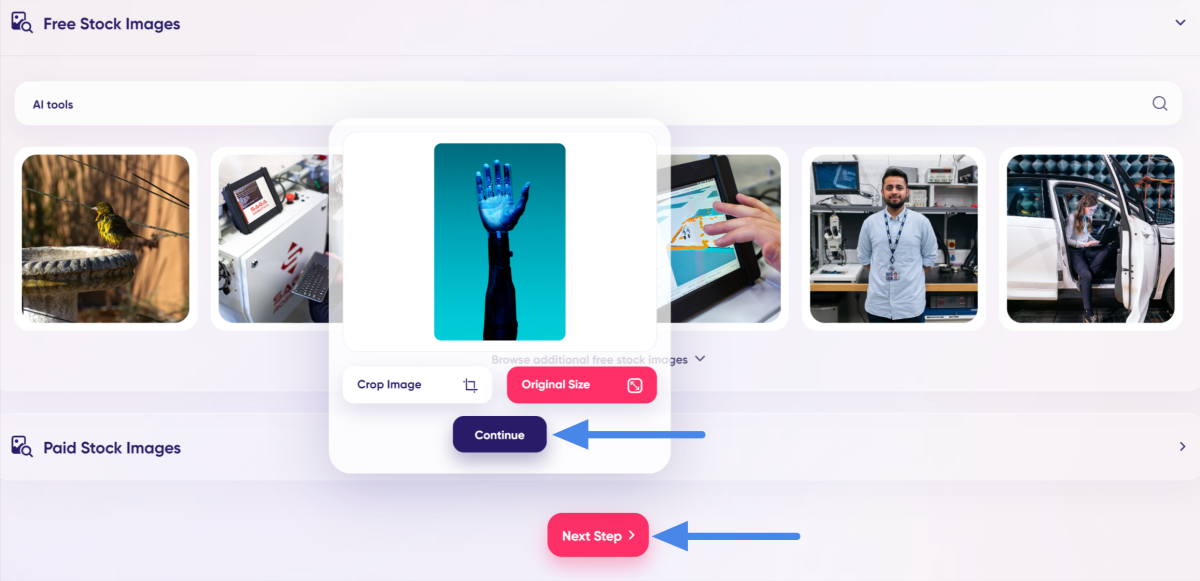 Selecting a stock image and selecting Continue and Next Step to move forward.