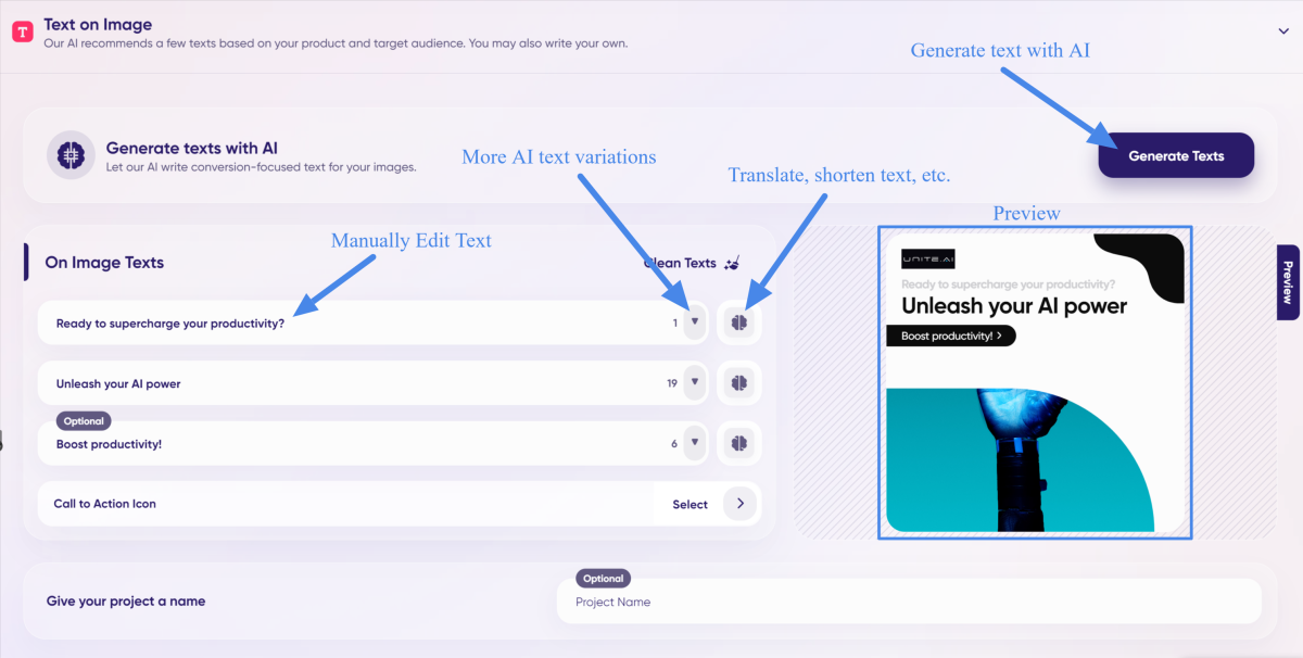 An overview of how to AI generate text and manually input text when creating an ad with AdCreative.