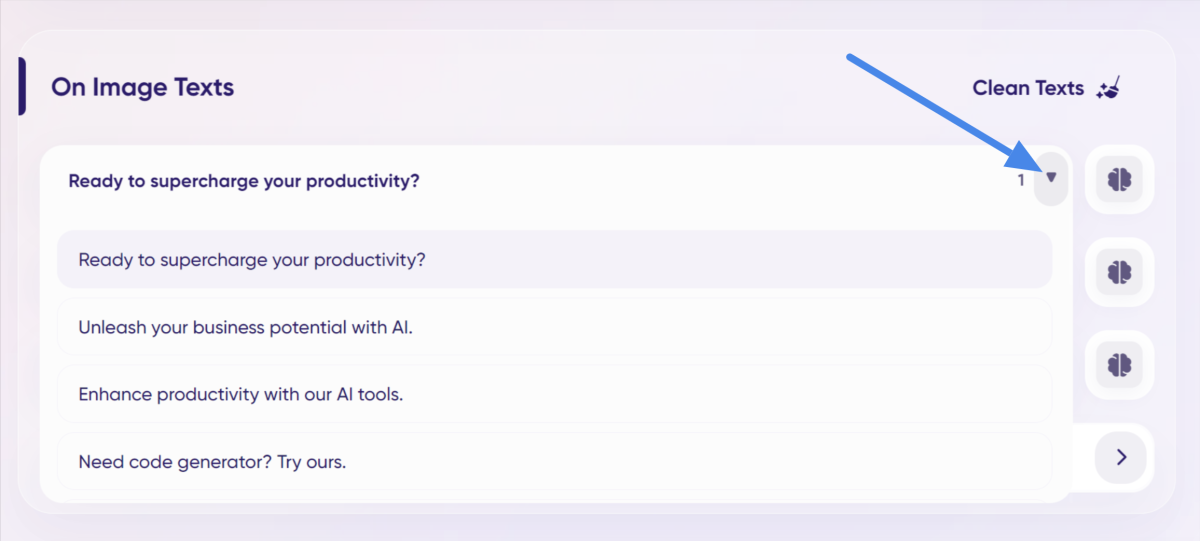 Selecting the down arrow next to one of the text fields for AI variations.