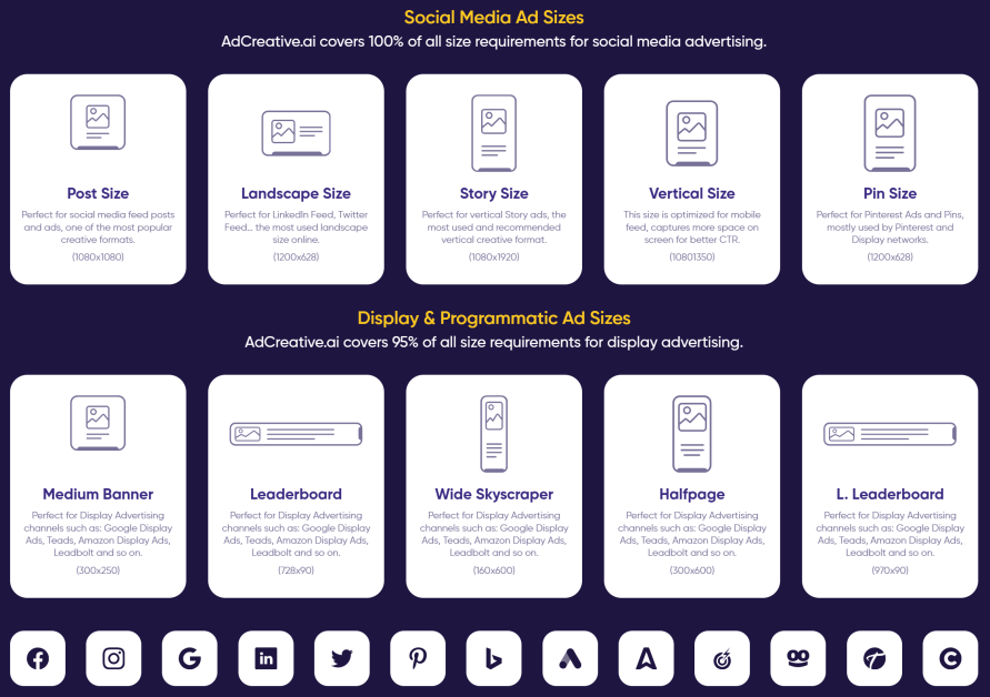 The different ad creative sizes and platforms you can generate creatives for with AdCreative.ai.