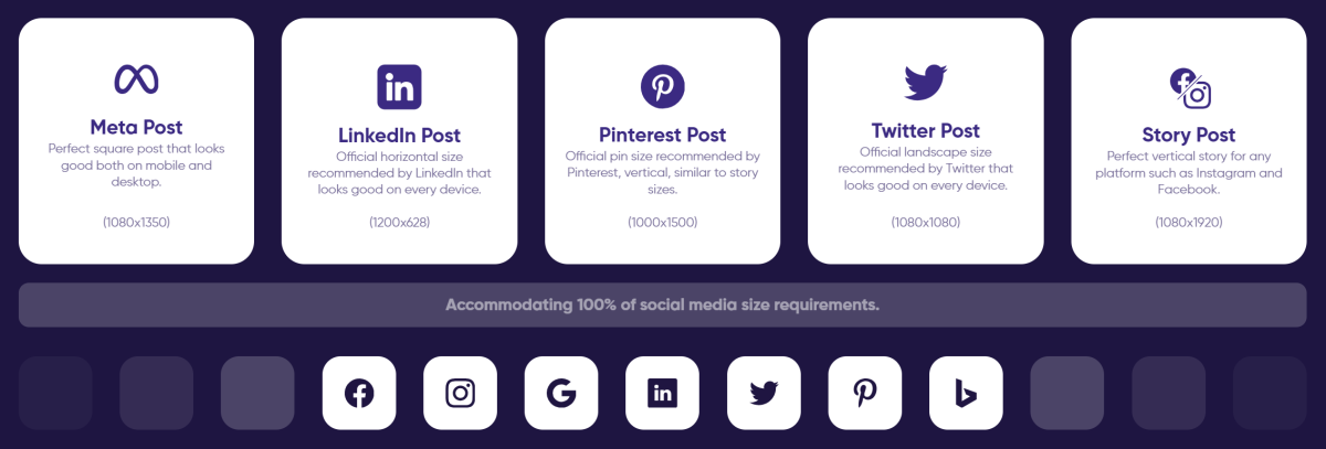 Different post sizes AdCreative offers for social media ads.