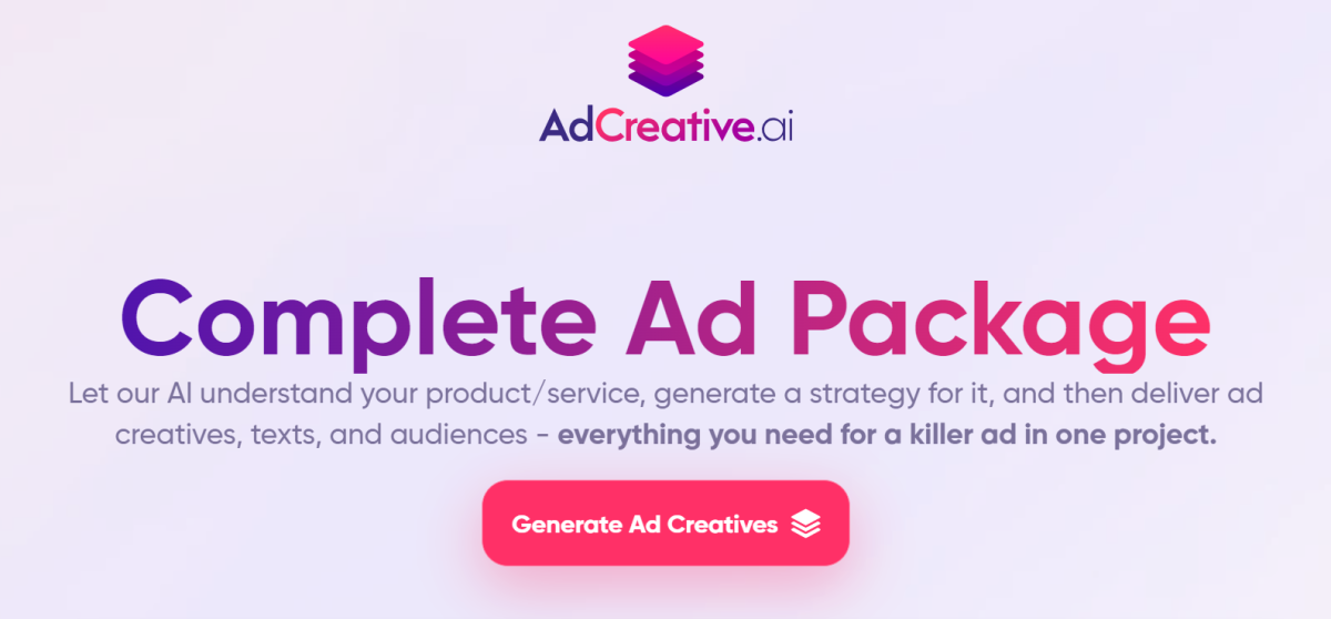The AdCreative.ai Complete Ad Package landing page.