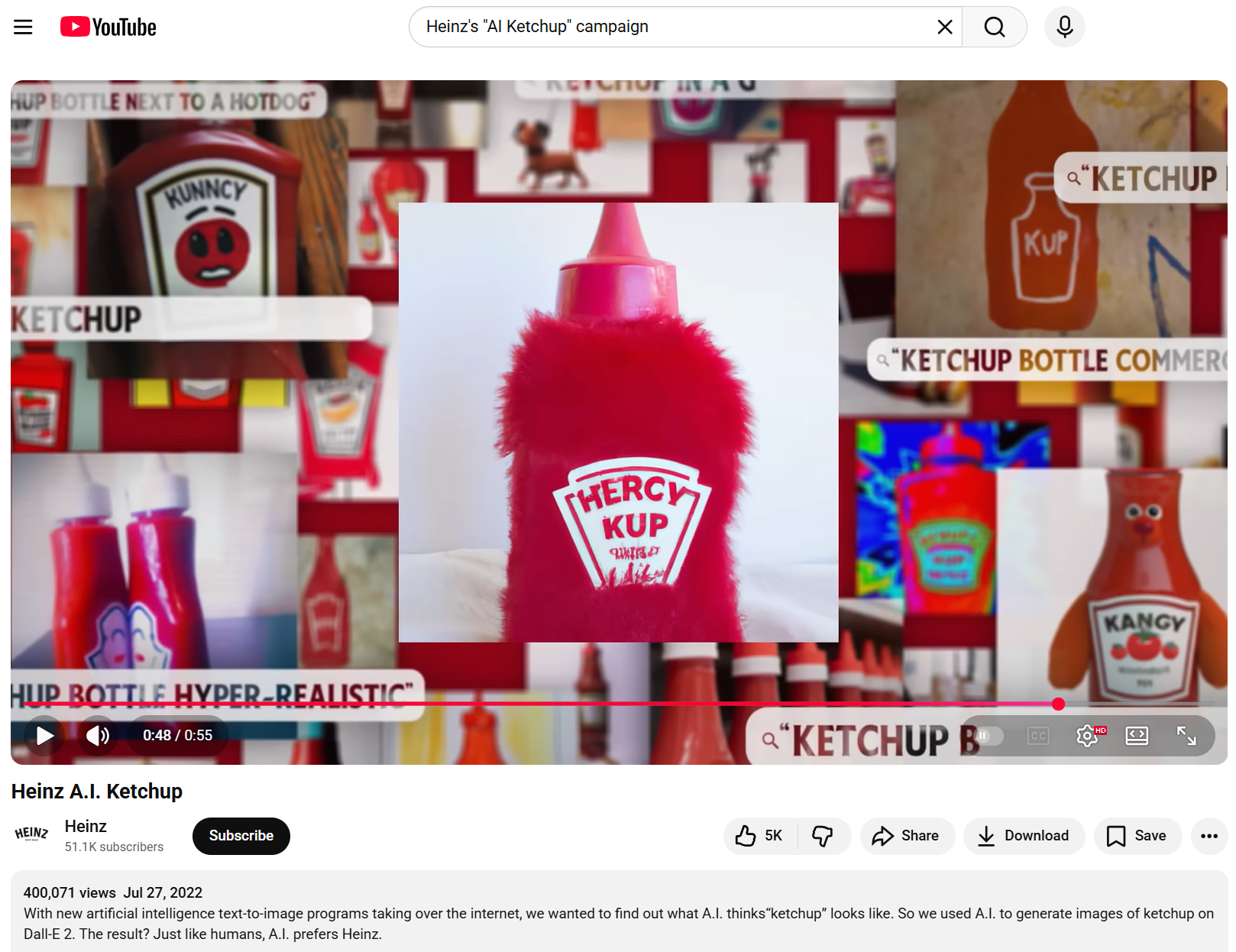 A YouTube video from Heinz promoting its AI-driven “What is ketchup?” campaign.