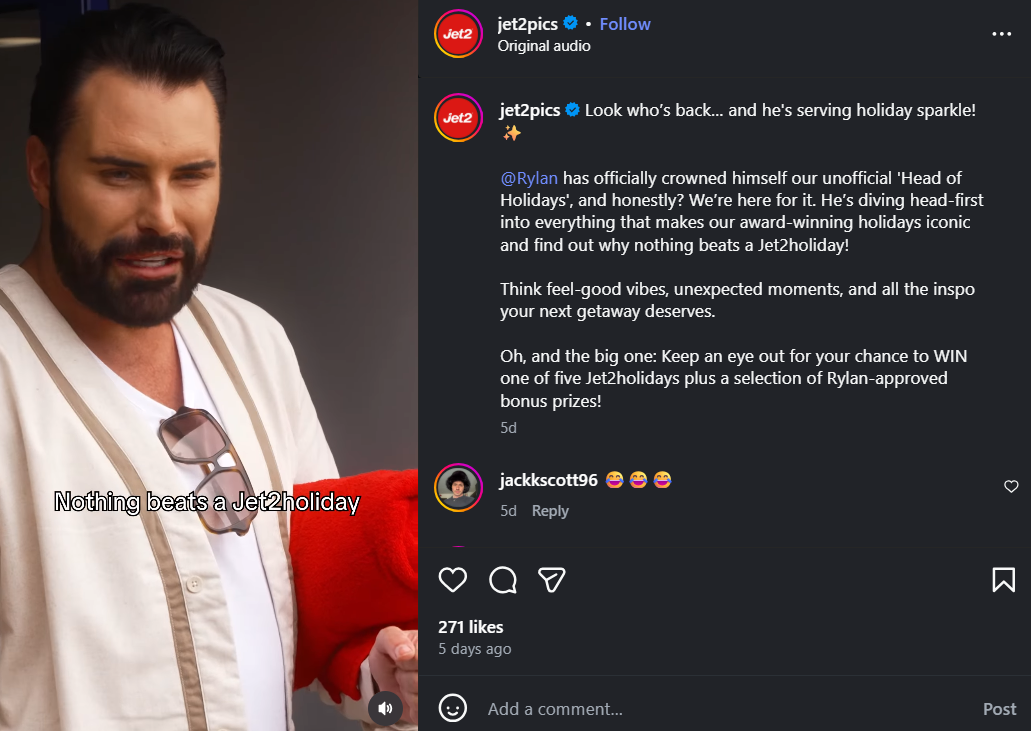 Jet2's Instagram page showing a campaign with UK celebrity Rylan